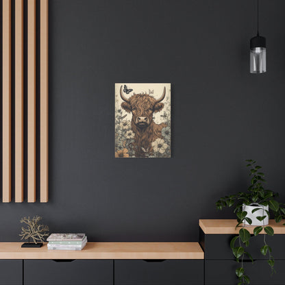 Highland Cow in a Spring Pasture Stretched Canvas Print Stretched 1.25" Thick