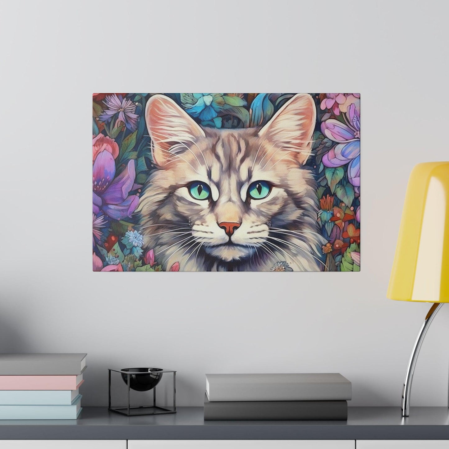 Purple Floral Cat Watercolor Stretched Canvas Print .75" Thick