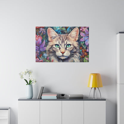 Purple Floral Cat Watercolor Stretched Canvas Print .75" Thick