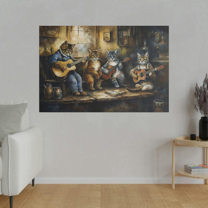 Cats Playing Guitar In Pub Watercolor Matte Canvas, Stretched, 0.75"