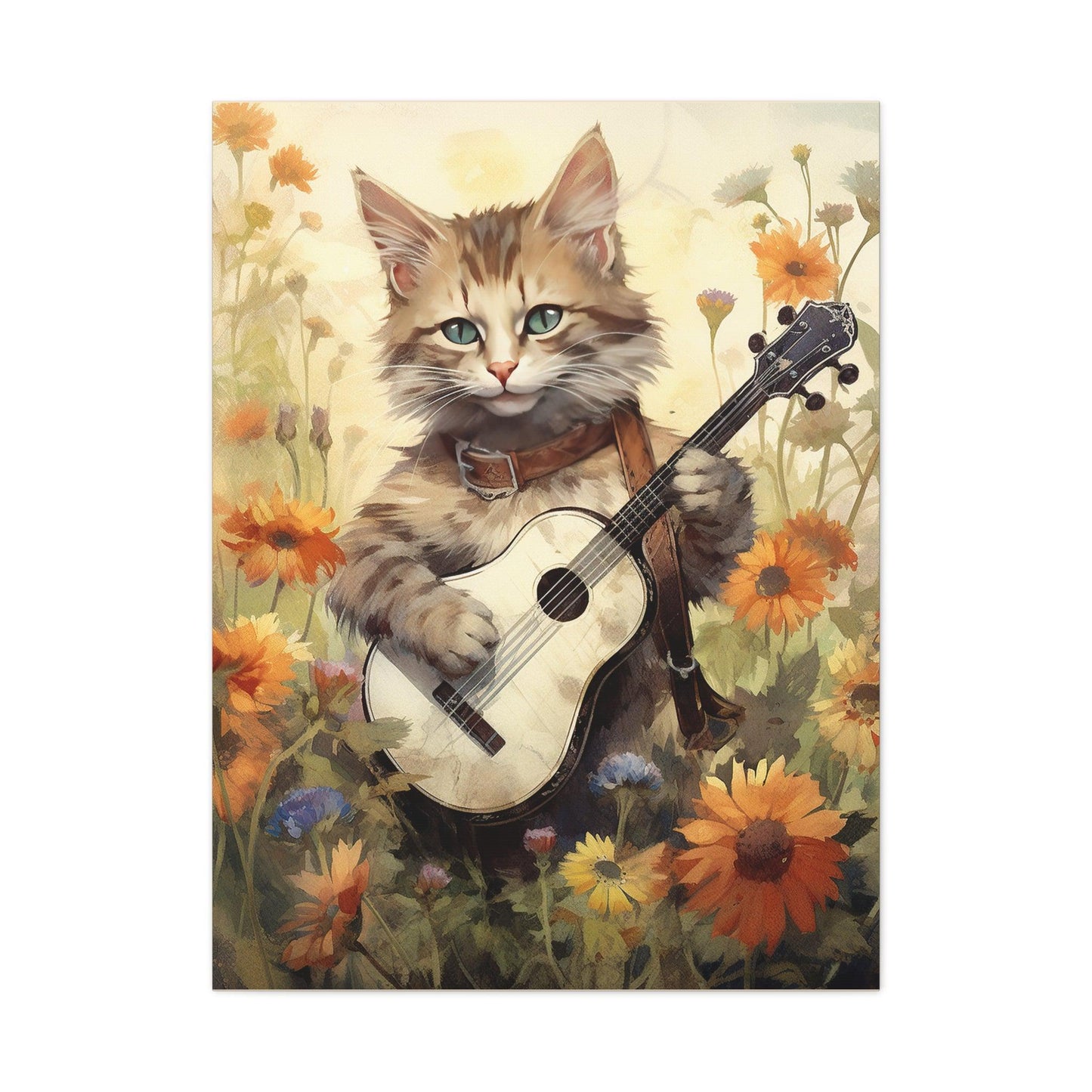 Cat Playing Music Floral Stretched Canvas Print 1.25" Thick