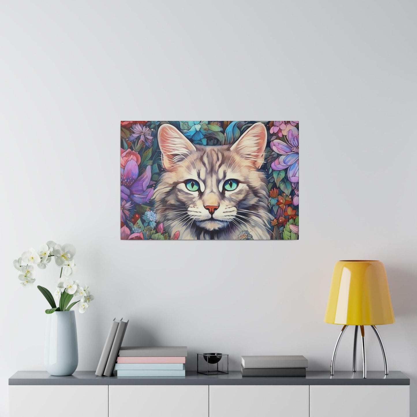 Purple Floral Cat Watercolor Stretched Canvas Print .75" Thick