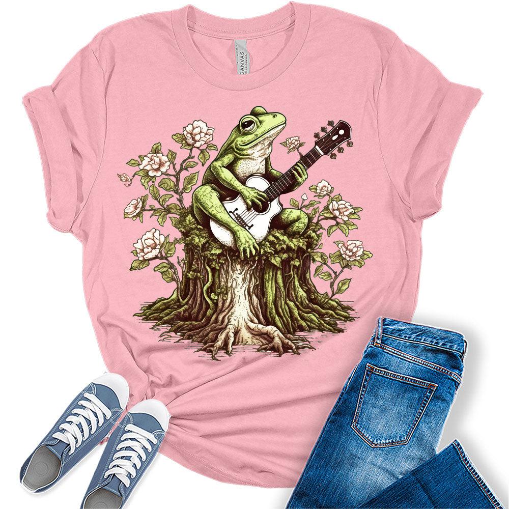 Cottagecore Frog Playing Guitar Floral T-Shirt