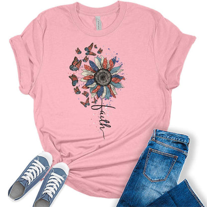 Womens 4th of July Faith Sunflower Butterflies Patriotic American Short Sleeve Vintage Graphic Tees