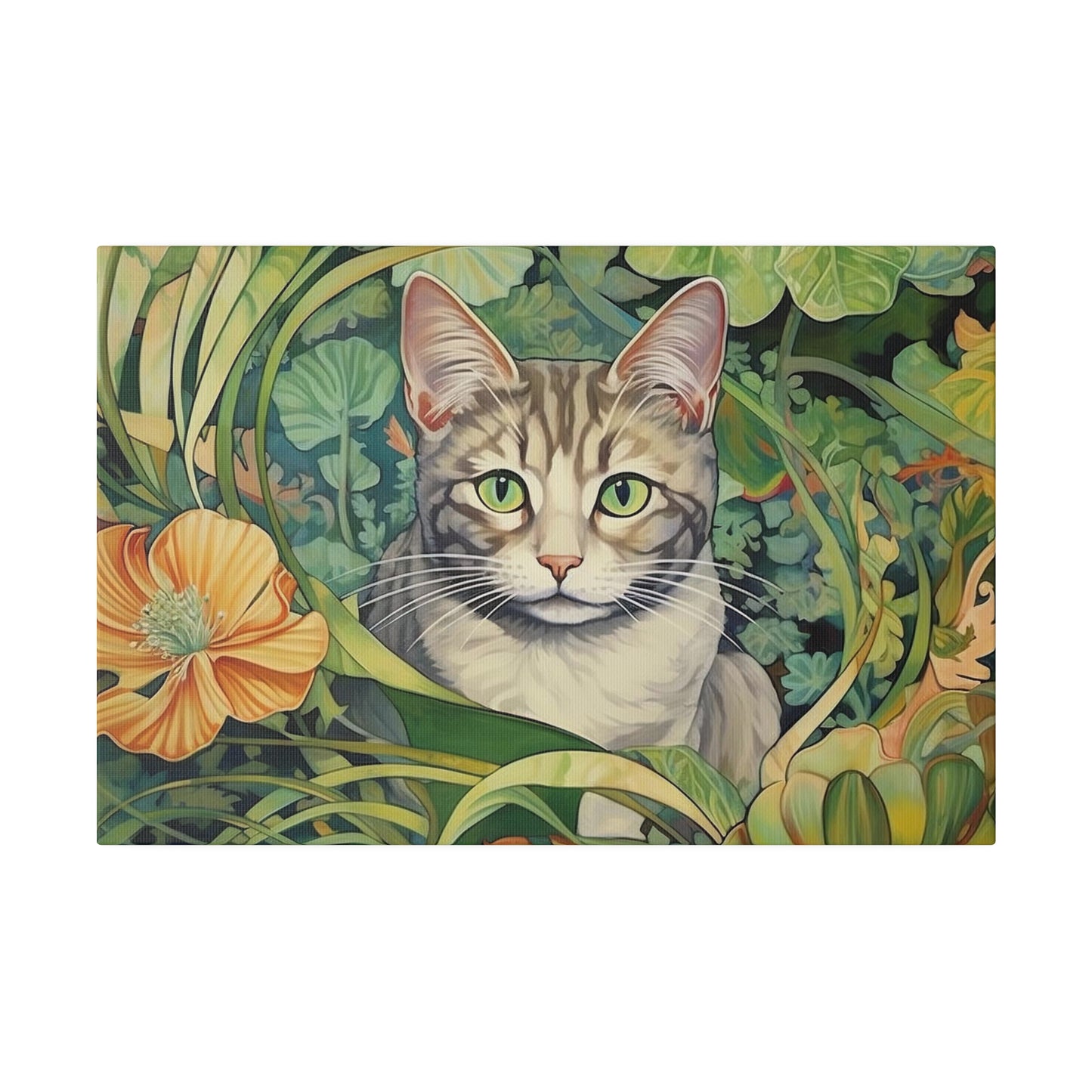 Tropical Floral Cat Stretched Canvas Print .75" Thick