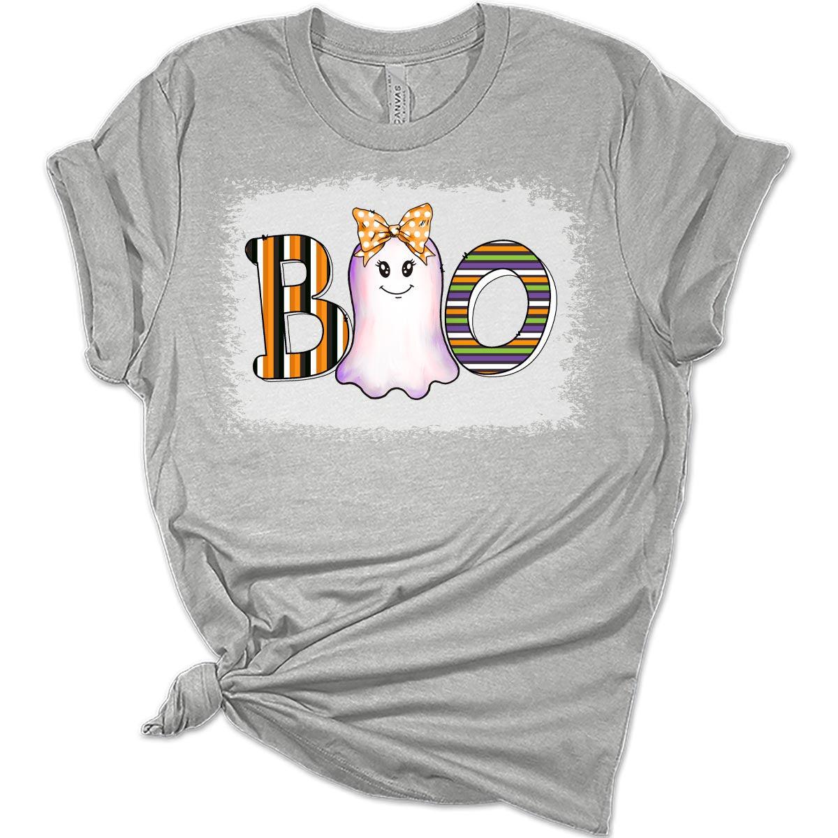 Cute Boo Ghost Women's Halloween Graphic Bleach Print Shirt