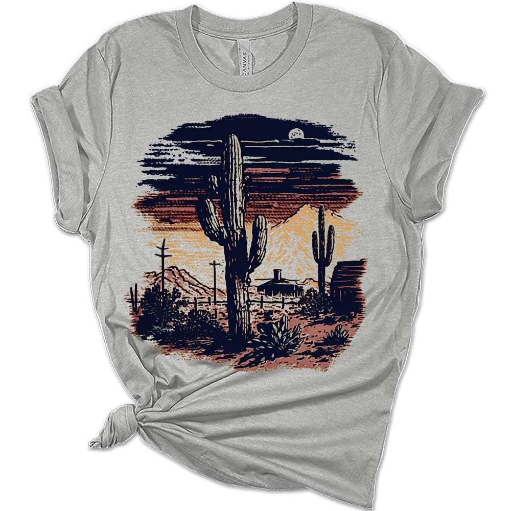 Womens Desert Cactus Ranch Scene T-Shirt Cute Western Shirt Casual Graphic Tee Short Sleeve Top