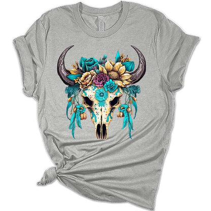 Womans Floral Bull Skull T-Shirt Cute Western Shirt Casual Graphic Tee Short Sleeve Top