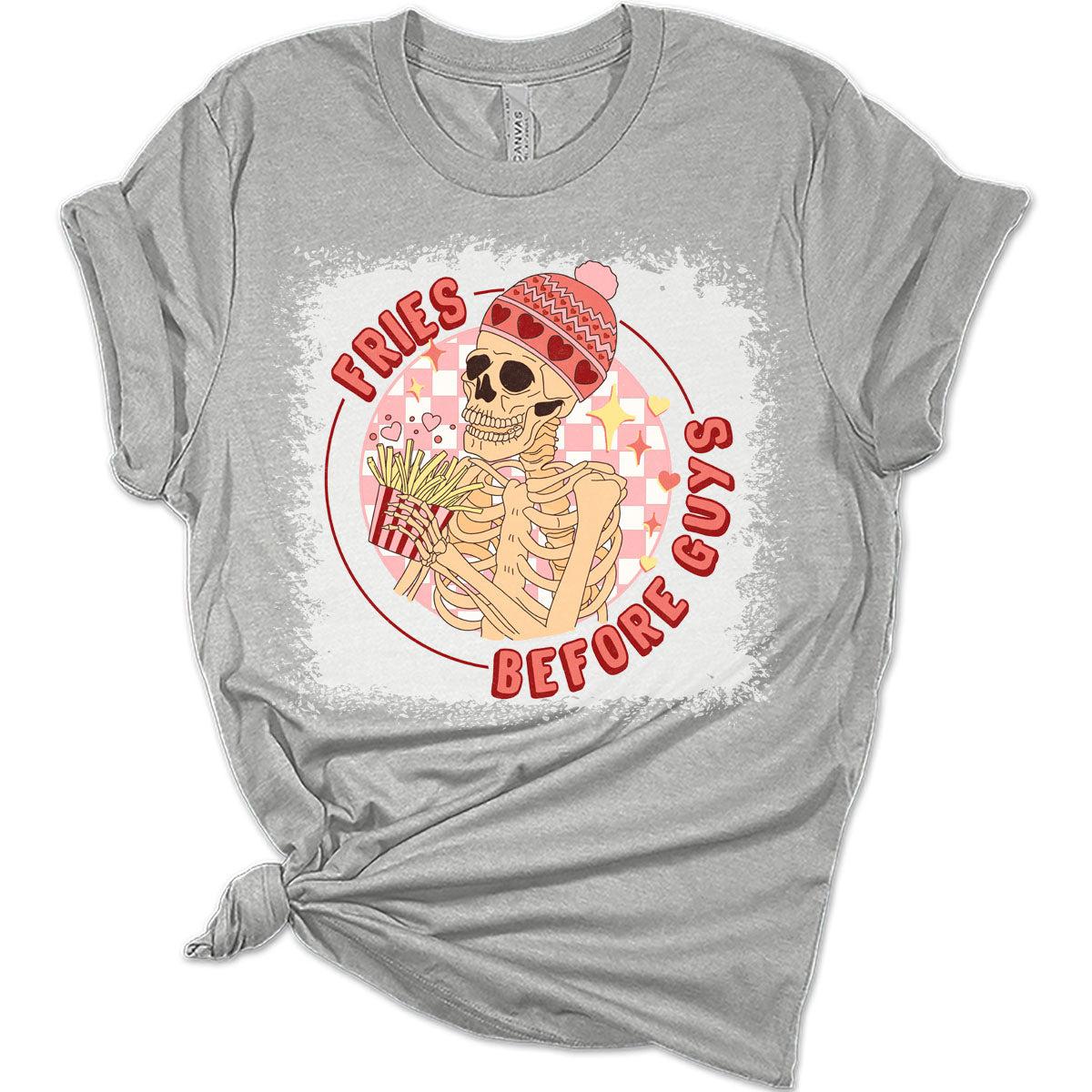 Fries Before Guys Skeleton Valentines Day Shirt Bella Graphic Print Shirts For Women