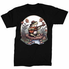 Mens Cottagecore Shirt Frog Playing Guitar On A Rock T-Shirt Aesthetic Short Sleeve Graphic Tee
