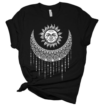 Womens Mandala Sun and Moon Trendy Shirt Casual Bella Graphic Tees Short Sleeve Plus Size Vacation Classic-Fit Summer Tops