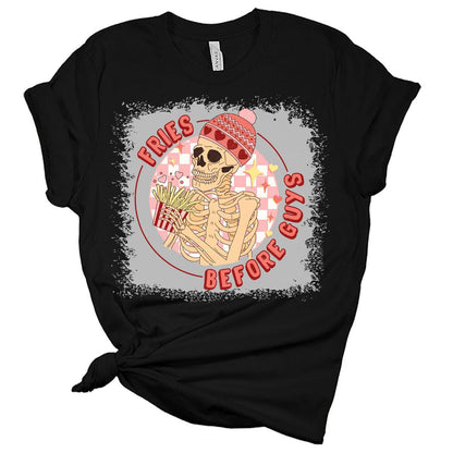 Fries Before Guys Skeleton Valentines Day Shirt Bella Graphic Print Shirts For Women