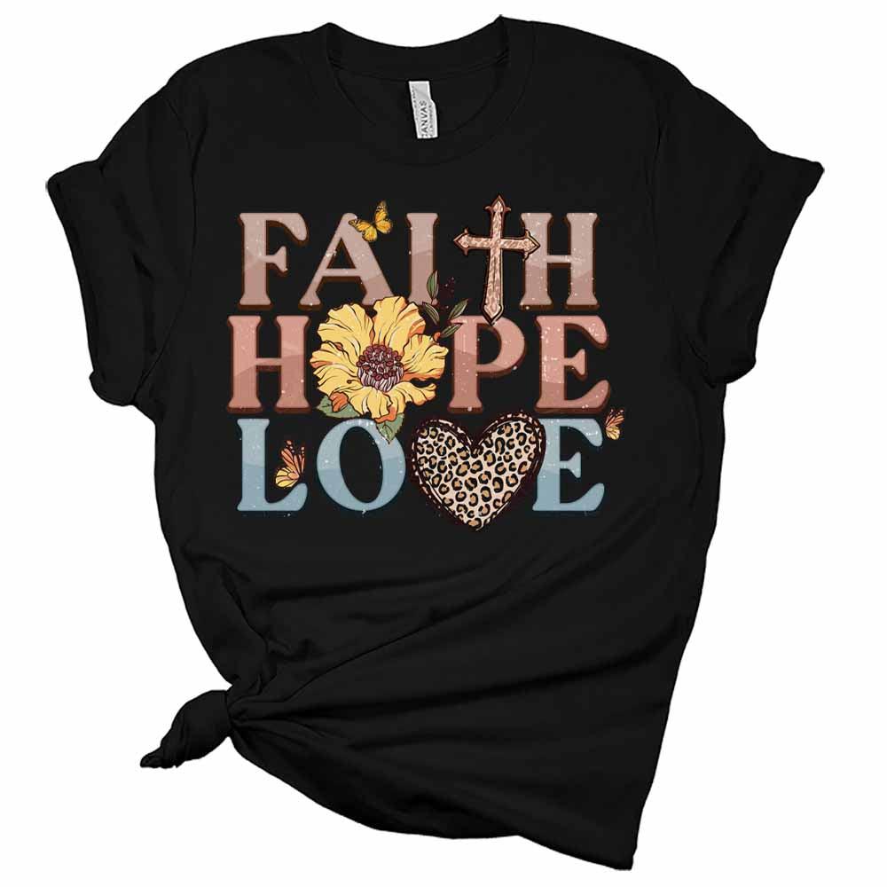 Womens Faith Hope Love Sunflower T-Shirt Cute Christian Shirt Casual Graphic Tee Short Sleeve Top