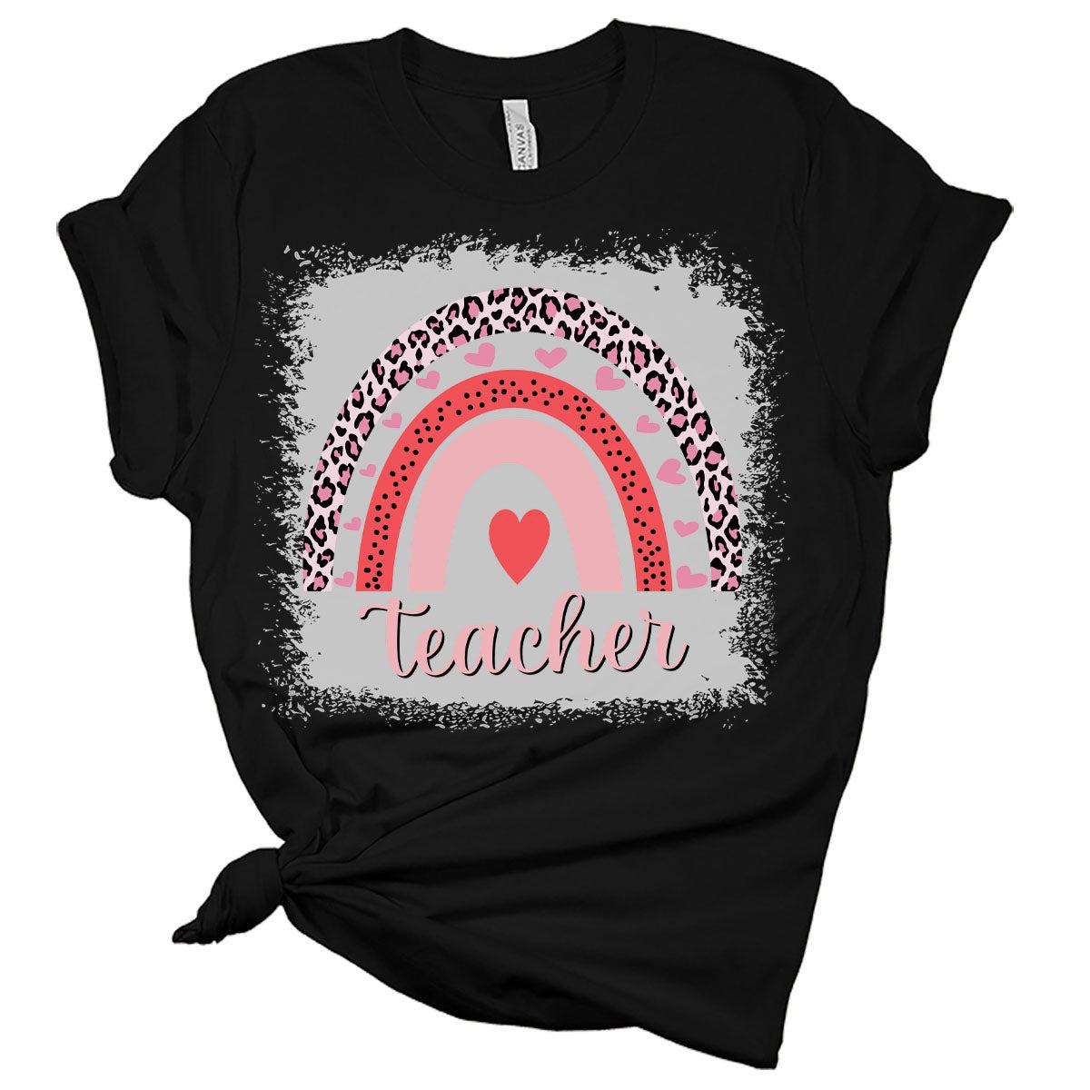 Teacher Leopard Rainbow Teacher Valentines Day Shirt Bella Graphic Tees for Women