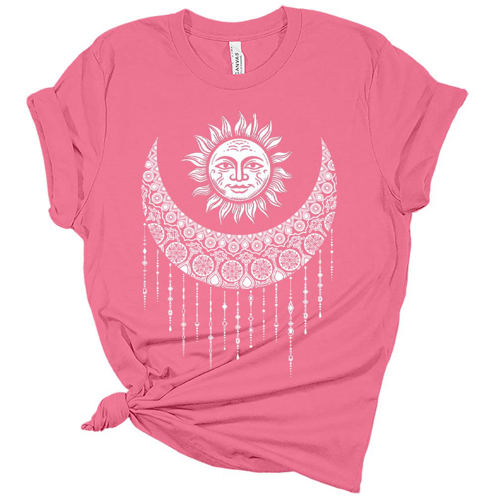 Womens Mandala Sun and Moon Trendy Shirt Casual Bella Graphic Tees Short Sleeve Plus Size Vacation Classic-Fit Summer Tops