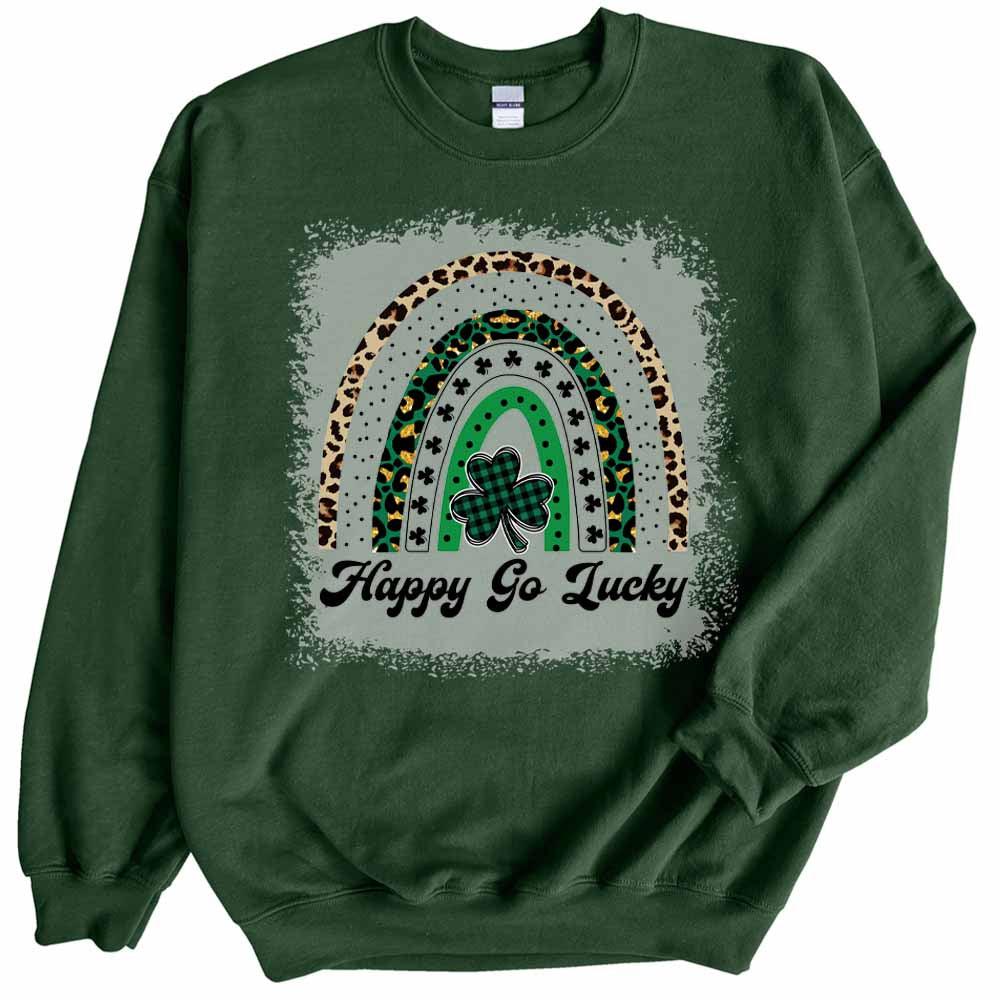 Womens Happy Go Lucky Sweatshirt St Patricks Day Crewneck Cute Long Sleeve Top Casual Graphic Pullover