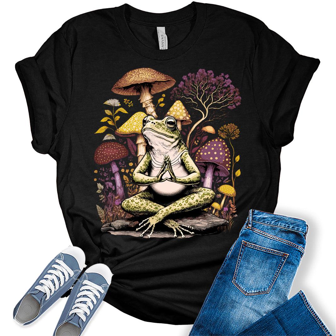 Womens Mushroom Shirts Casual Ladies Frog Graphic Tees Short Sleeve Cottagecore T Shirts Plus Size Summer Tops for Women, Zen Garden Frog