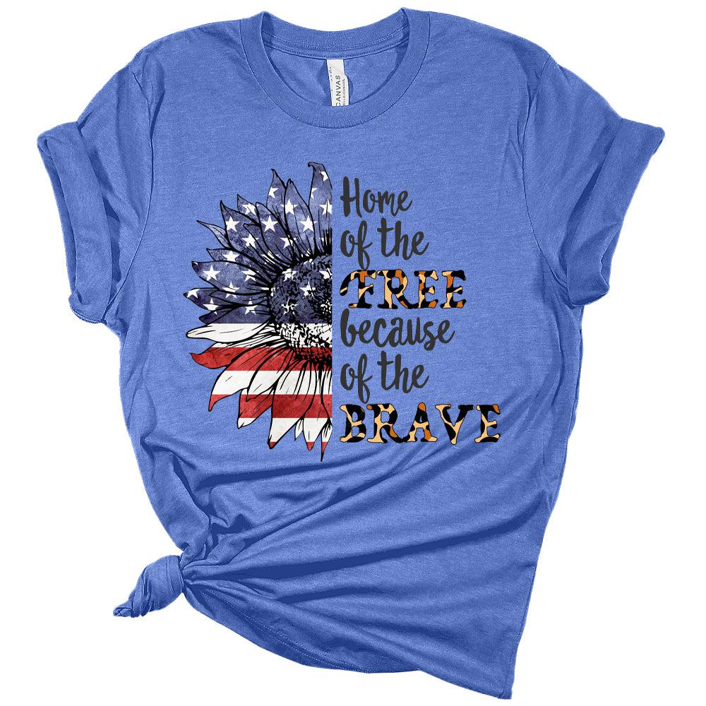 Home Of The Free Because Of The Brave Sunflower Leopard American Flag Women's 4th Of July Graphic Tee