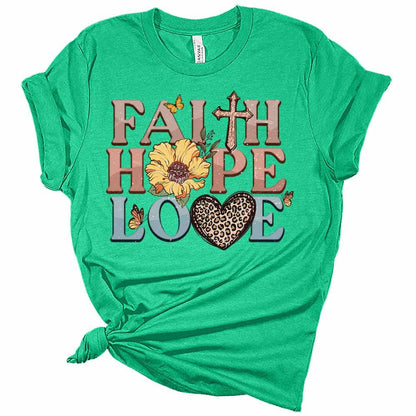 Womens Faith Hope Love Sunflower T-Shirt Cute Christian Shirt Casual Graphic Tee Short Sleeve Top