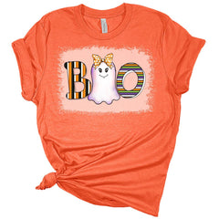 Cute Boo Ghost Women's Halloween Graphic Bleach Print Shirt
