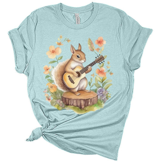 Womens Cute Squirrel Shirt Western Country Guitar T-Shirt Short Sleeve Graphic Tees Plus Size Summer Tops