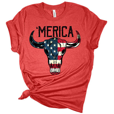 'Merica American Flag Bull Skull Women's 4th Of July Graphic Tee