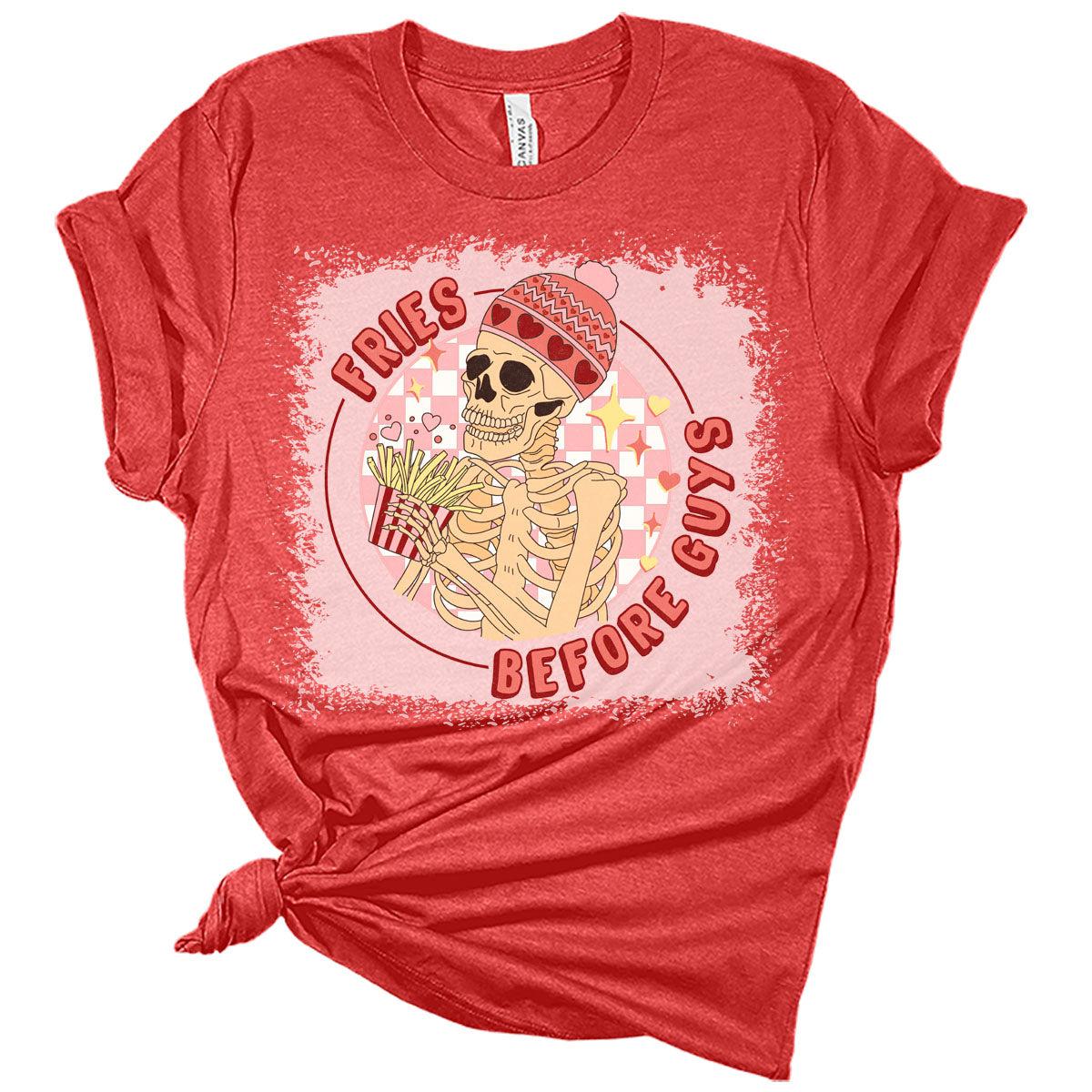 Fries Before Guys Skeleton Valentines Day Shirt Bella Graphic Print Shirts For Women