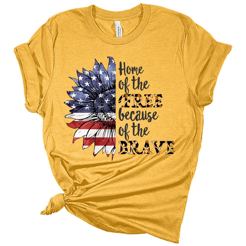 Home Of The Free Because Of The Brave Sunflower Leopard American Flag Women's 4th Of July Graphic Tee