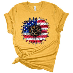 Leopard Print American Flag Sunflower Women's 4th Of July Graphic Tee