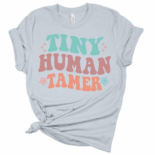 Womens Tiny Human Tamer Retro T-Shirt Cute Teacher Shirts Vintage Graphic Tee Short Sleeve Top