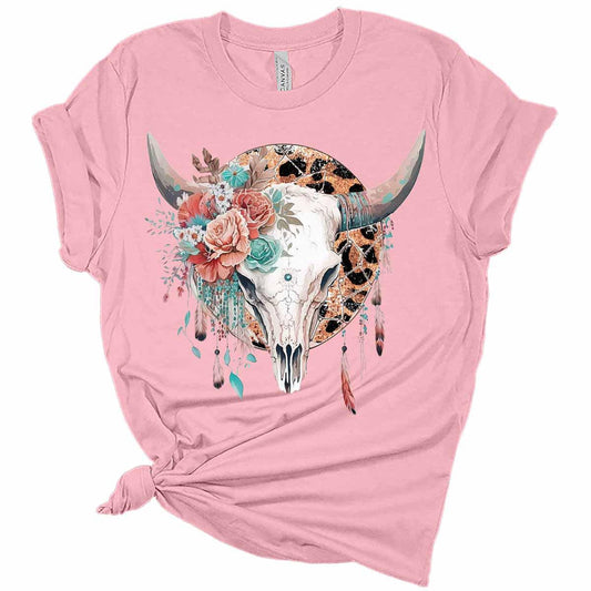 Womens Bull Skull Leopard Print Dream Catcher T-Shirt Cute Western Shirt Casual Graphic Tee Short Sleeve Top