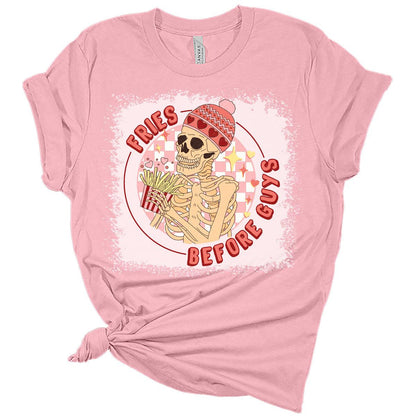 Fries Before Guys Skeleton Valentines Day Shirt Bella Graphic Print Shirts For Women