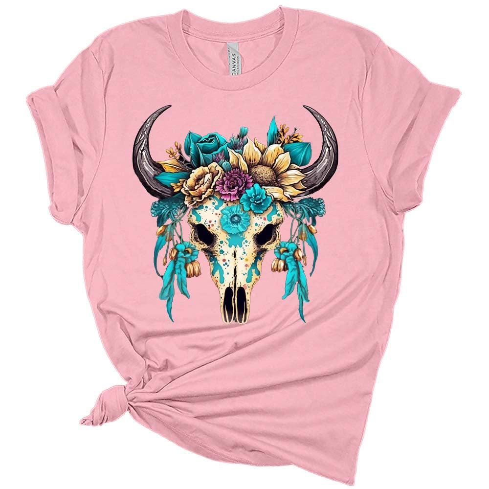 Womans Floral Bull Skull T-Shirt Cute Western Shirt Casual Graphic Tee Short Sleeve Top