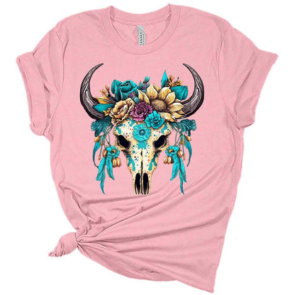 Womans Floral Bull Skull T-Shirt Cute Western Shirt Casual Graphic Tee Short Sleeve Top