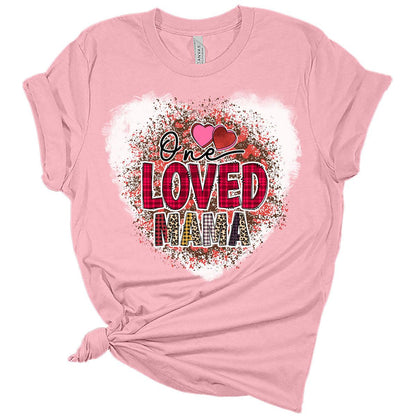 One Loved Mama Heart Leopard Valentines Shirts for Women Bella Graphic Tee