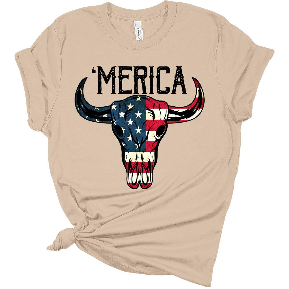 'Merica American Flag Bull Skull Women's 4th Of July Graphic Tee