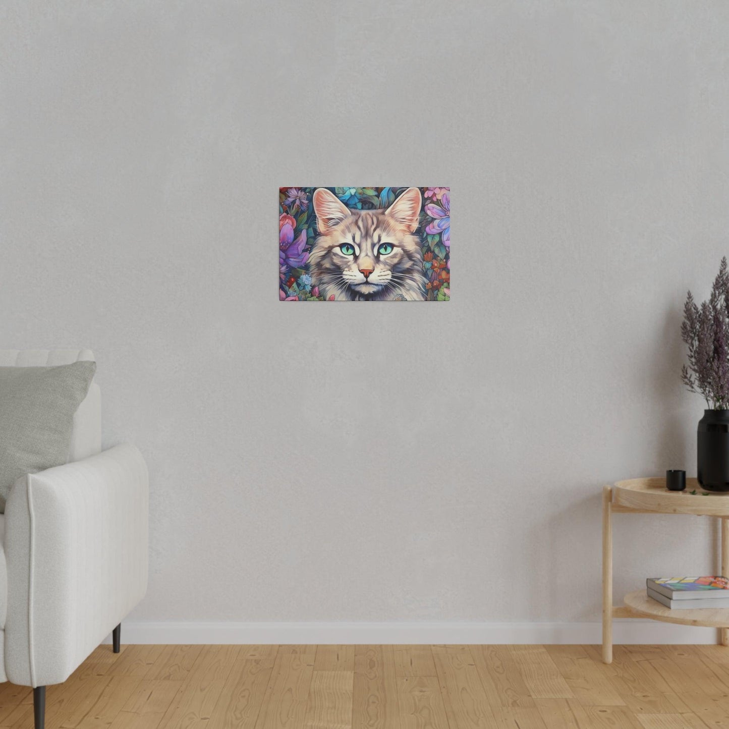 Purple Floral Cat Watercolor Stretched Canvas Print .75" Thick