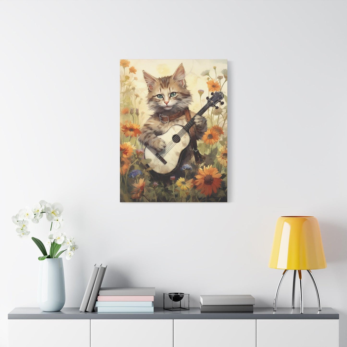 Cat Playing Music Floral Stretched Canvas Print 1.25" Thick