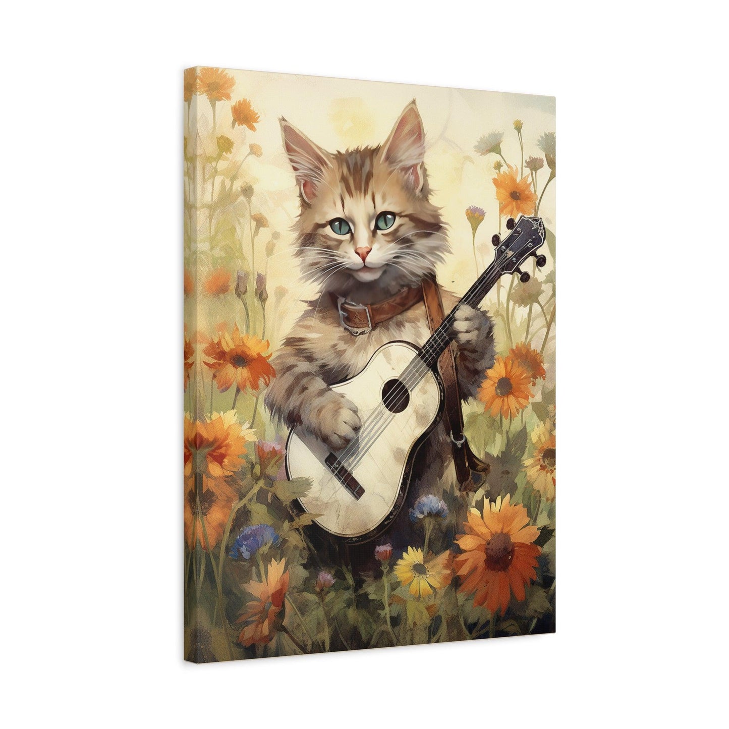 Cat Playing Music Floral Stretched Canvas Print 1.25" Thick