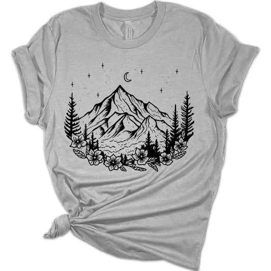 Womens Camping Shirts Floral Mountain Ladies Cute Graphic Tees Spring Short Sleeve T Shirts Plus Size Summer Tops for Women