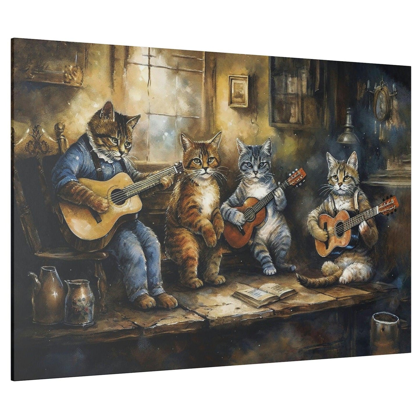 Cats Playing Guitar In Pub Watercolor Matte Canvas, Stretched, 0.75"