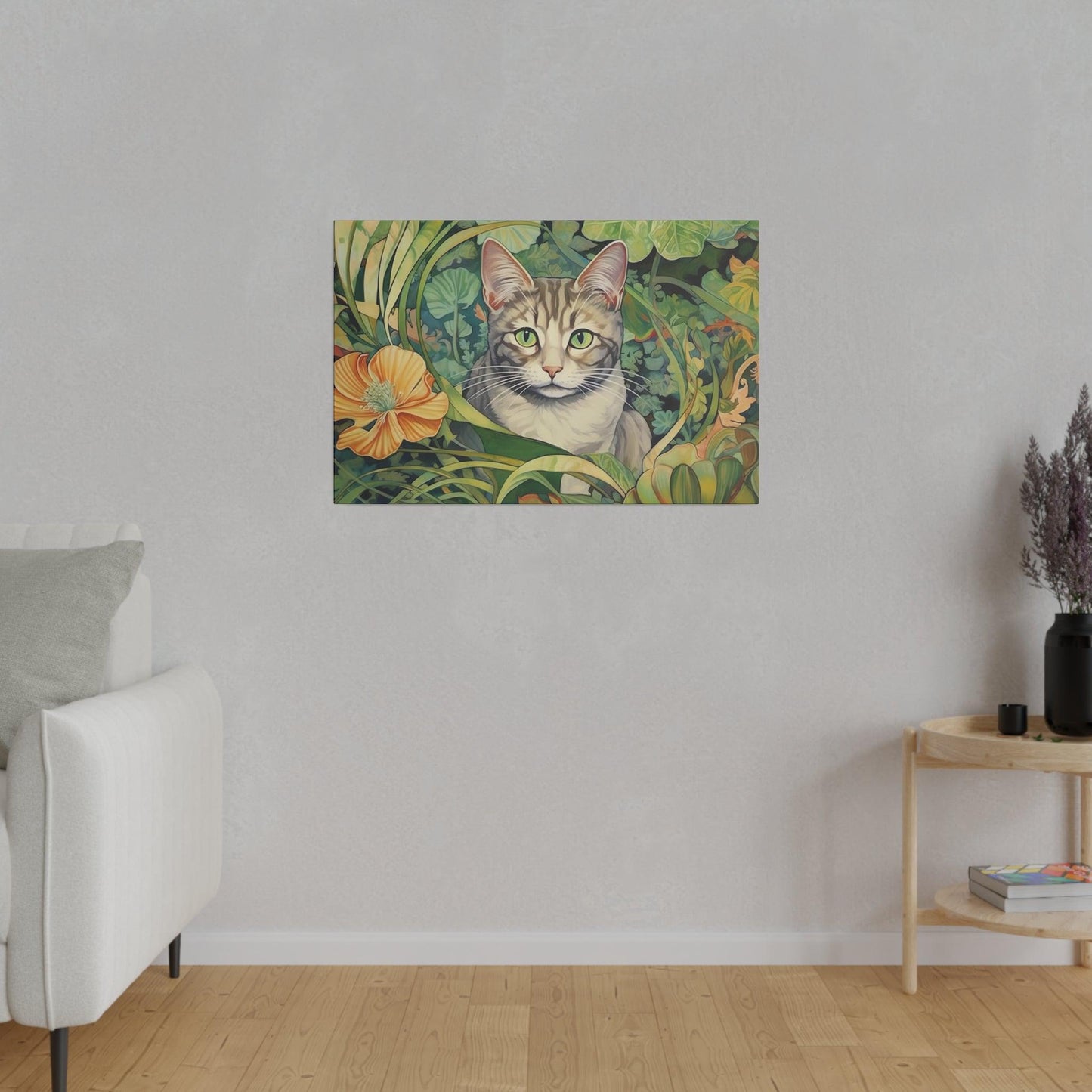 Tropical Floral Cat Stretched Canvas Print .75" Thick