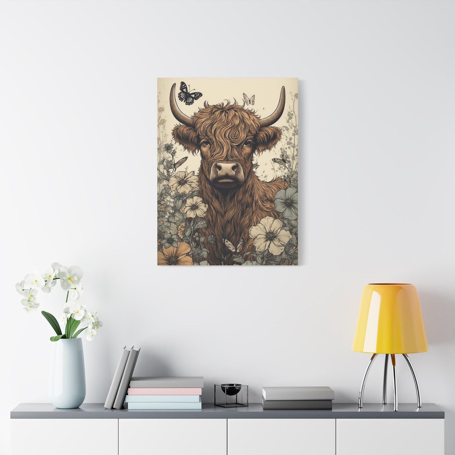 Highland Cow in a Spring Pasture Stretched Canvas Print Stretched 1.25" Thick