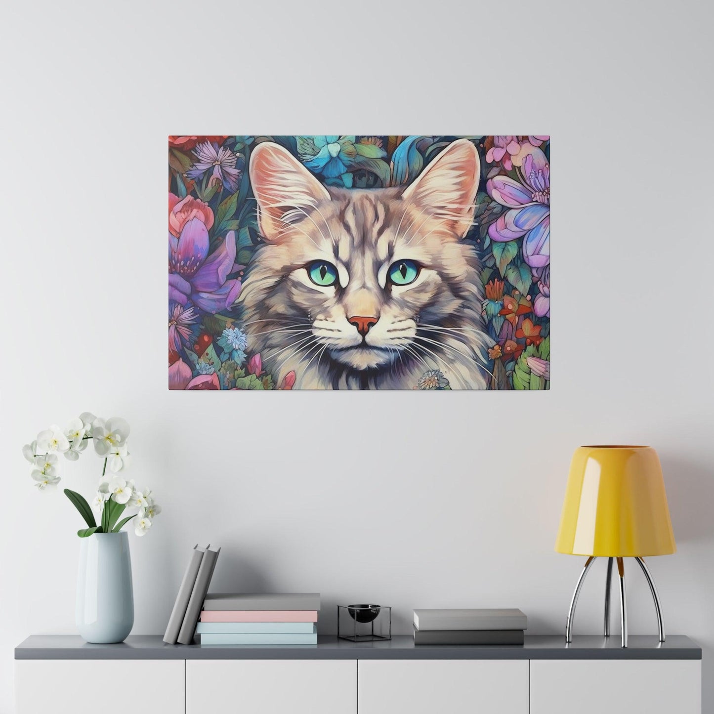 Purple Floral Cat Watercolor Stretched Canvas Print .75" Thick