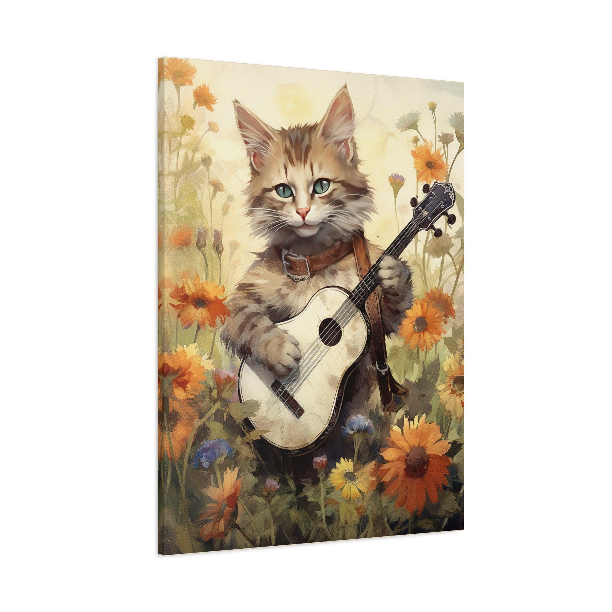 Cat Playing Music Floral Stretched Canvas Print 1.25" Thick