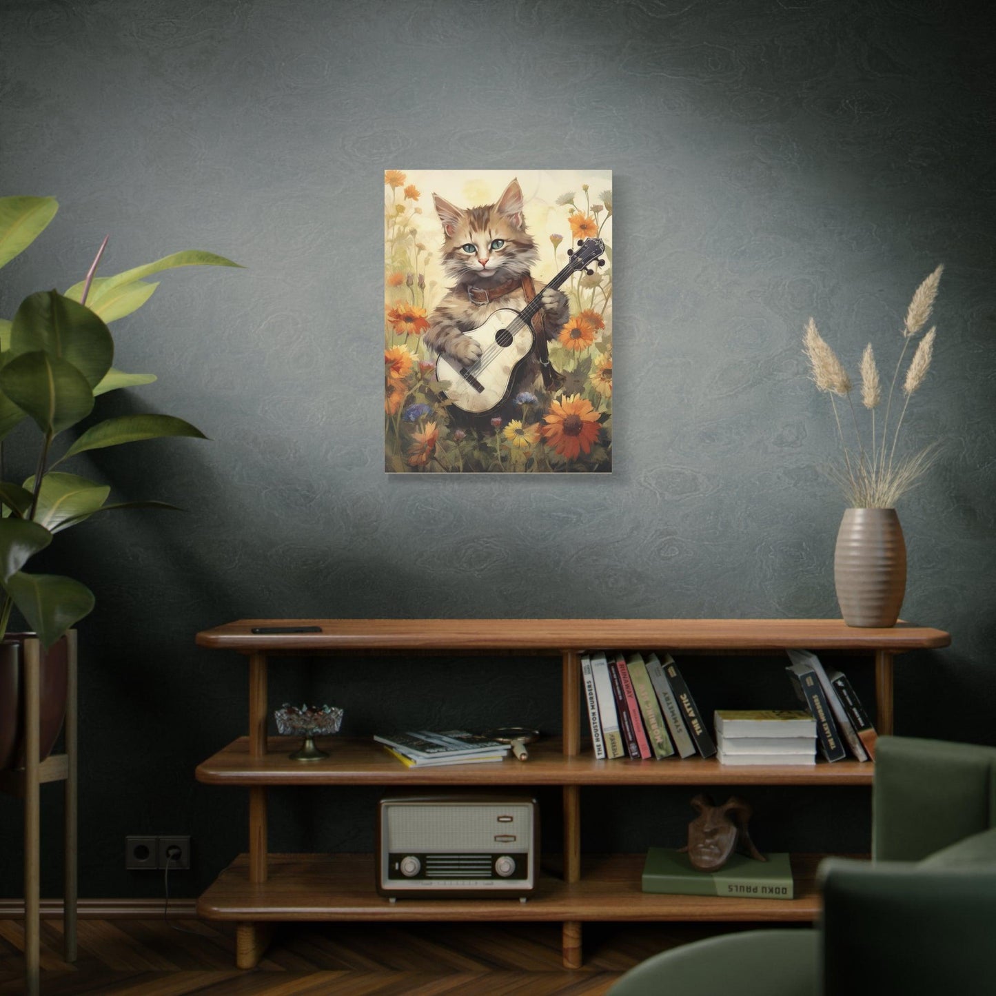 Cat Playing Music Floral Stretched Canvas Print 1.25" Thick