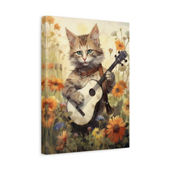 Cat Playing Music Floral Stretched Canvas Print 1.25" Thick