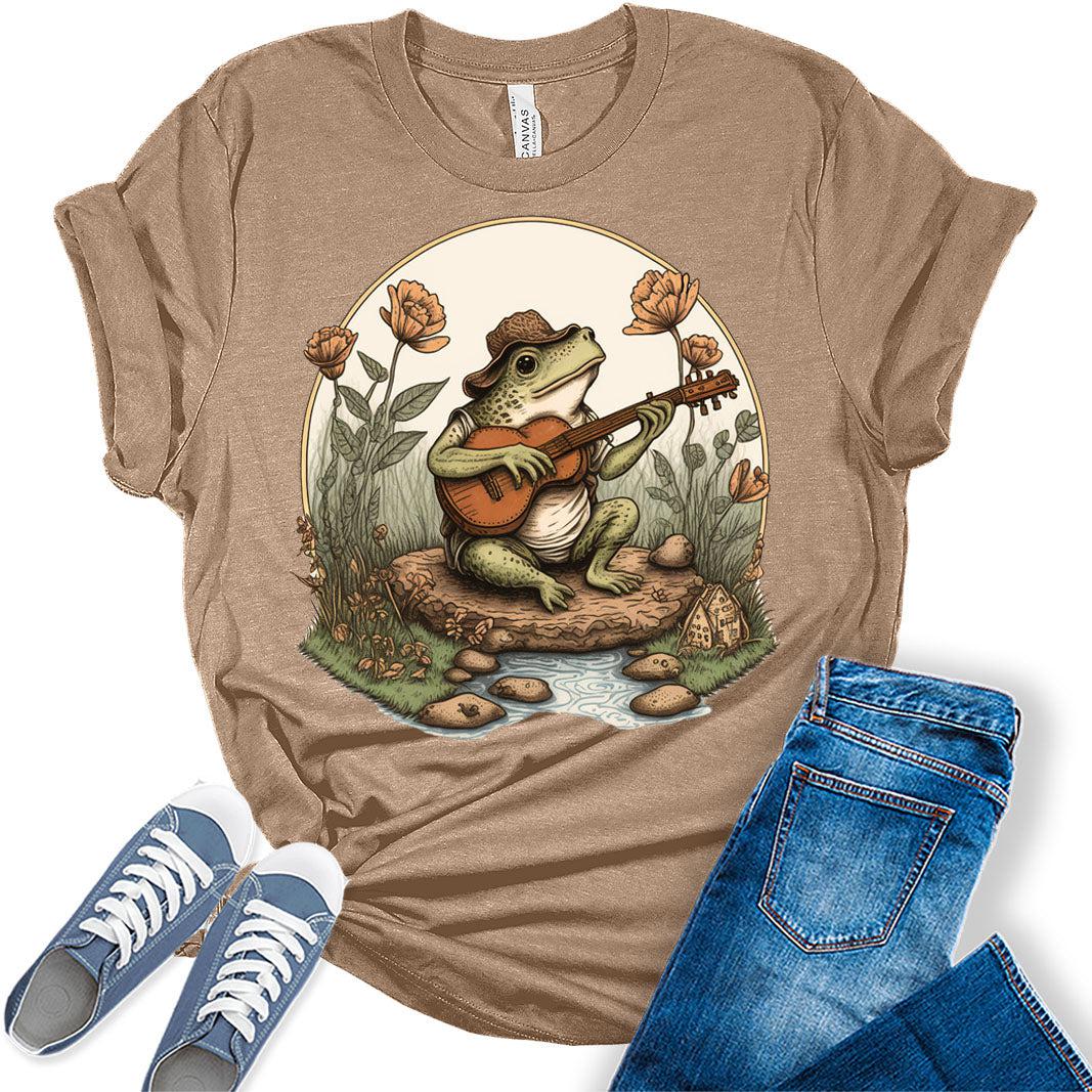 Cottagecore Shirt Aesthetic Frog Playing Guitar On Rock T-Shirt Women's Graphic Print Bella Y2k Top