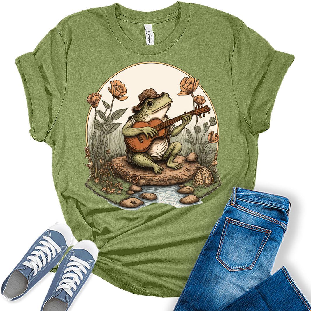 Cottagecore Shirt Aesthetic Frog Playing Guitar On Rock T-Shirt Women's Graphic Print Bella Y2k Top