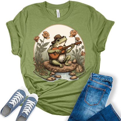 Cottagecore Shirt Aesthetic Frog Playing Guitar On Rock T-Shirt Women's Graphic Print Bella Y2k Top